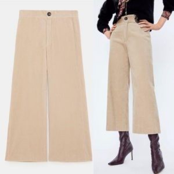 Zara Pants - Zara Neutral Wide Leg Cropped Corduroy Pants, Size S